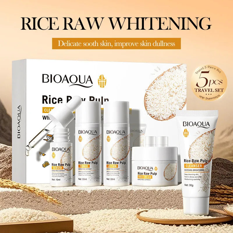 5pcs KAIROSHICS Rice Raw Whitening Set Brighten Hydrating Moisturize Soothing Facial Cleanser+toner+essence+lotion+cream Skincare
